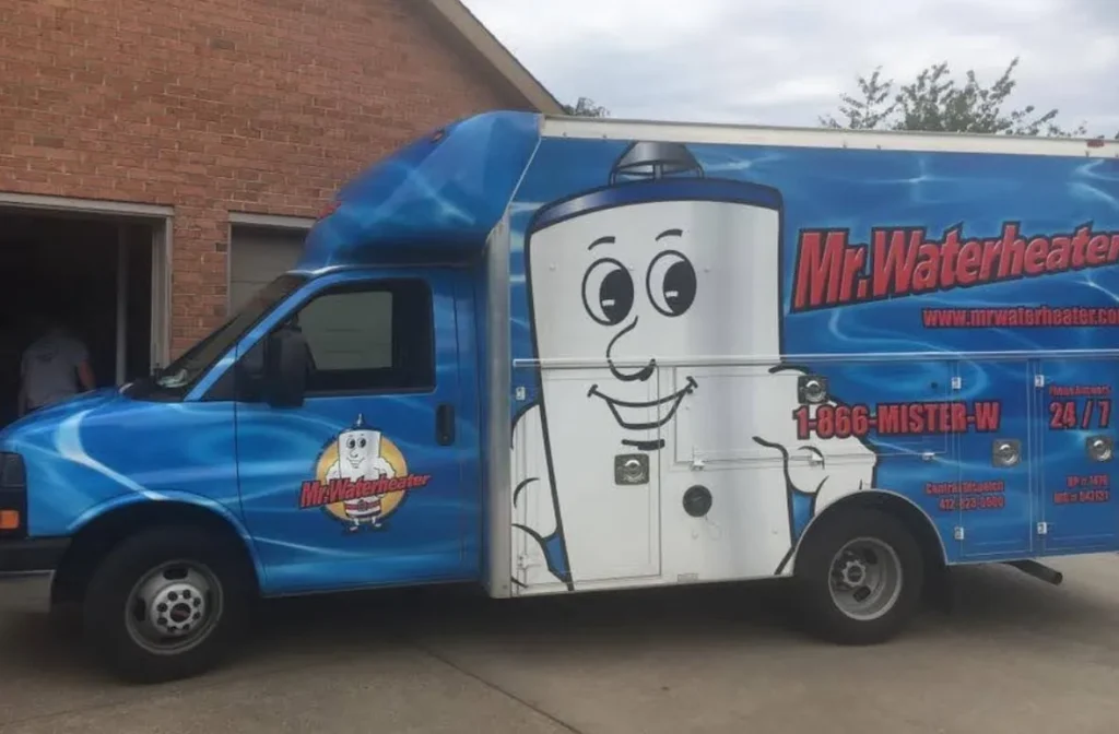 Mr. Waterheater truck parked outside of residential home - Water heater near me