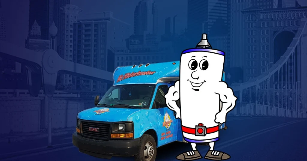 Mr. Water Heater logo and mascot standing in front of a Mr. Water Heater Truck - Answering water heater questions